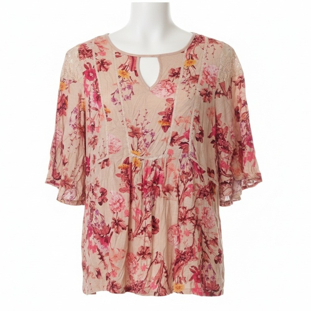 Vintage America Floral Peasant Blouse Size L Pink Crochet Lace Boho Summer Top